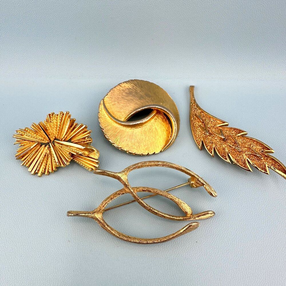 Vintage Designer Brooch Lot Gold Tone Textured Brushed Leaf Wishbone Signed